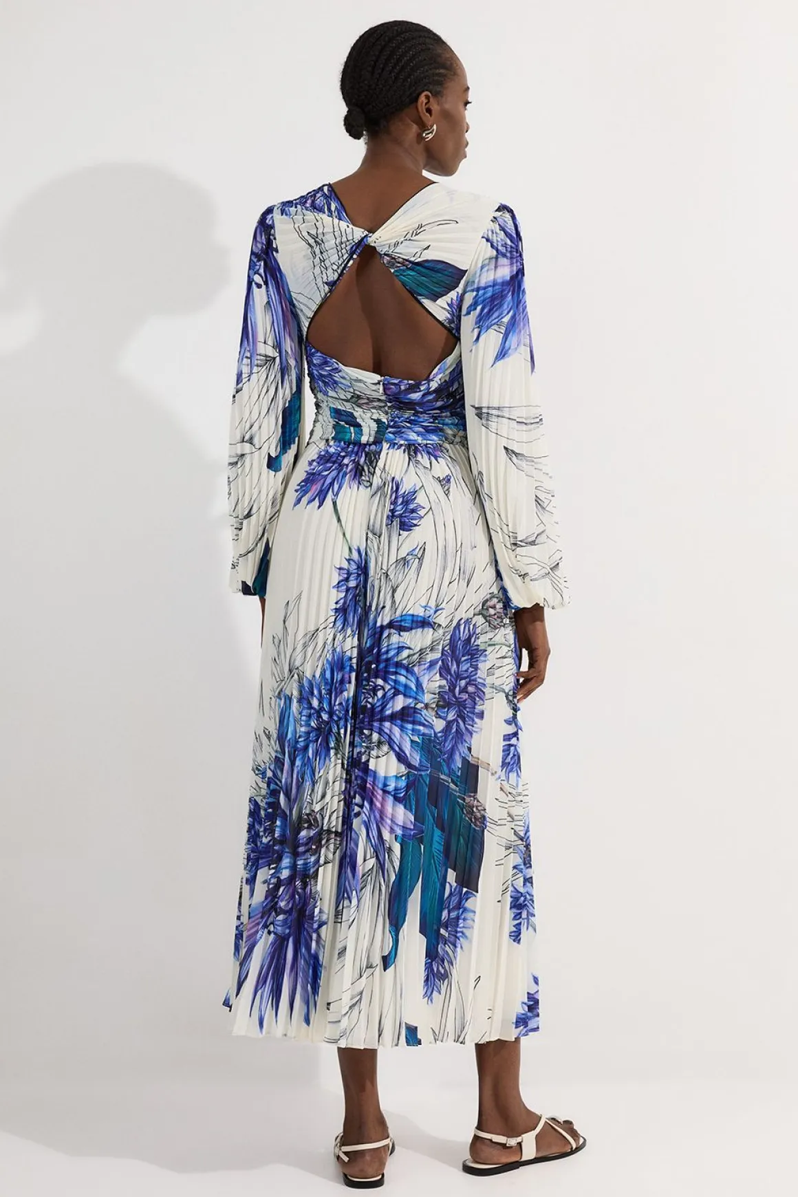 Robe maxi tissée à imprimé floral, manches ballon, plissée, froissée et découpée