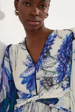 Robe maxi tissée à imprimé floral, manches ballon, plissée, froissée et découpée