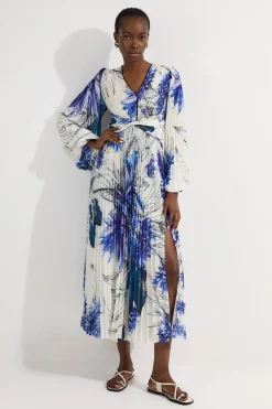 Robe maxi tissée à imprimé floral, manches ballon, plissée, froissée et découpée