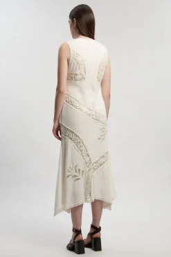 Robe Maxi Tissée Lin Viscose à Broderie Ajourée