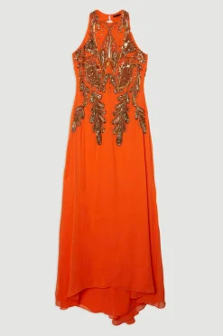Robe maxi tissée longue à encolure halter avec détails de perles bugle