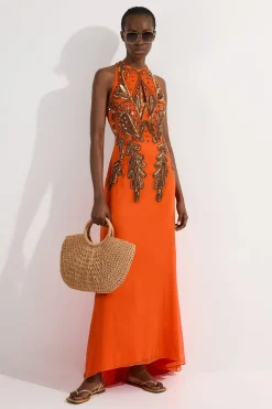Robe maxi tissée longue à encolure halter avec détails de perles bugle