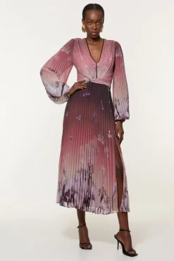 Robe Maxi Tissée À Manches Ballon Florales Et Bordure Plissée Froissée