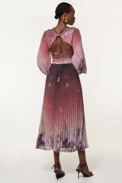Robe Maxi Tissée À Manches Ballon Florales Et Bordure Plissée Froissée