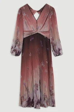 Robe Maxi Tissée À Manches Ballon Florales Et Bordure Plissée Froissée