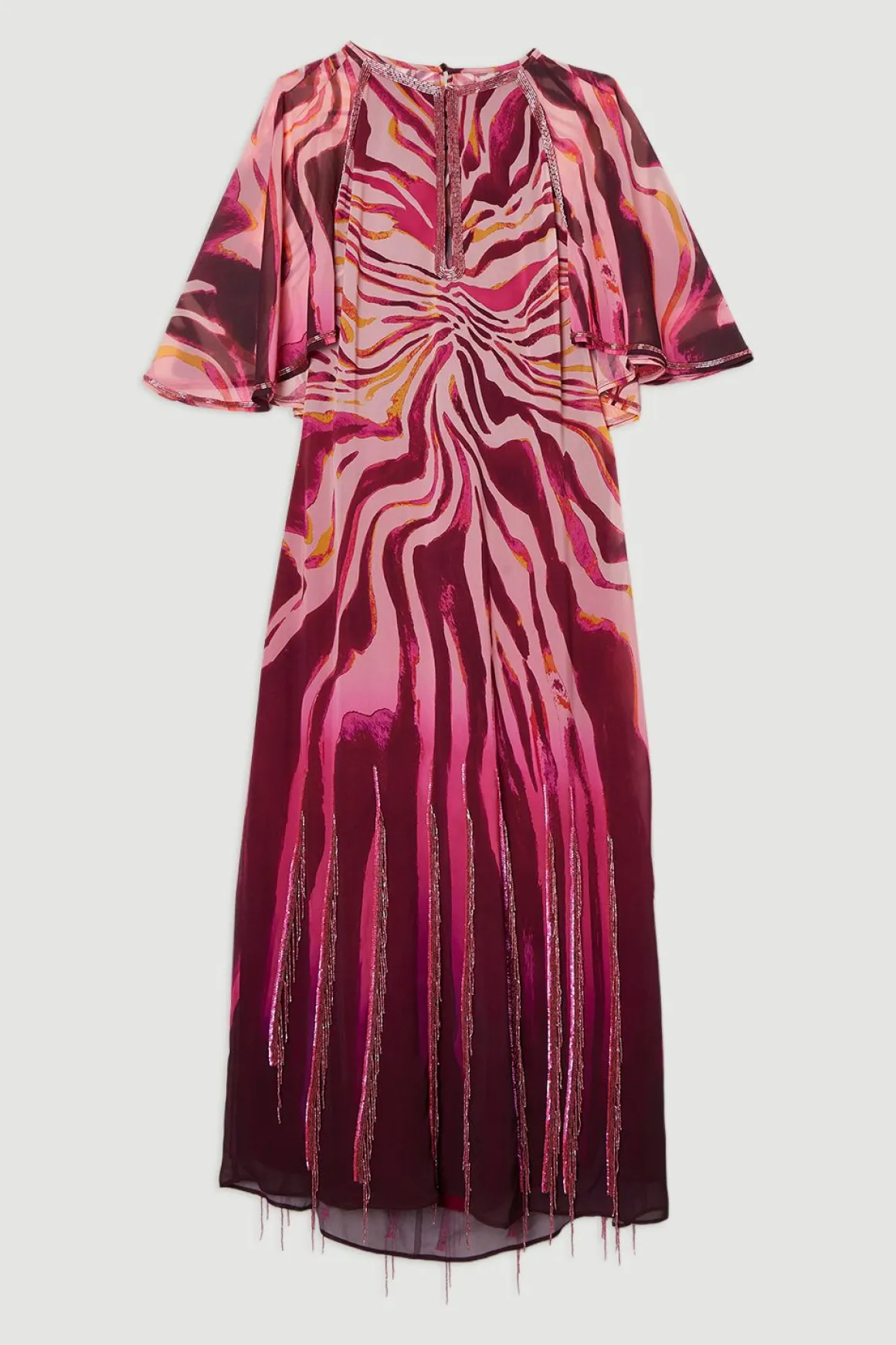 Robe Maxi Tissée à Manches Courtes en Georgette Ornée d'Imprimé Animalier