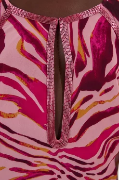 Robe Maxi Tissée à Manches Courtes en Georgette Ornée d'Imprimé Animalier