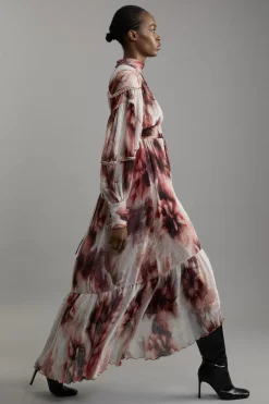 KarenMillen Robe Maxi Tissée À Motif Floral Froissé Avec Dos Lacé Et Ornements<Femme Robes À Manches Longues|Robes
