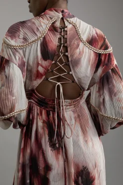 KarenMillen Robe Maxi Tissée À Motif Floral Froissé Avec Dos Lacé Et Ornements<Femme Robes À Manches Longues|Robes