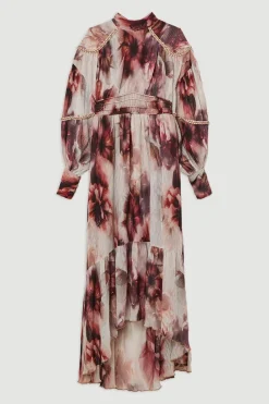 KarenMillen Robe Maxi Tissée À Motif Floral Froissé Avec Dos Lacé Et Ornements<Femme Robes À Manches Longues|Robes