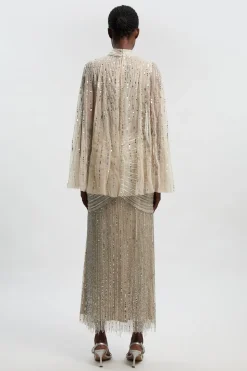 Robe Maxi Tissée Ornée Avec Manches Cape