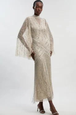 Robe Maxi Tissée Ornée Avec Manches Cape