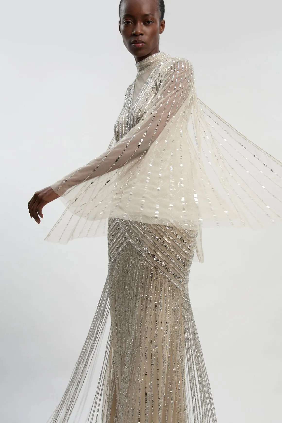 Robe Maxi Tissée Ornée Petite Taille Avec Manches Cape
