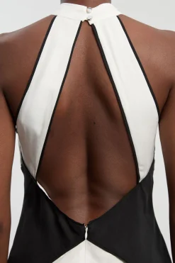 Robe Maxi Tissée Petite en Tencel Fluide à Blocs de Couleur et Col Licou