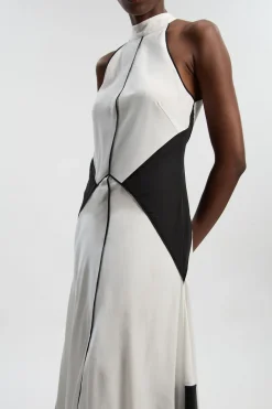 Robe Maxi Tissée Petite en Tencel Fluide à Blocs de Couleur et Col Licou