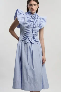 Robe Maxi Tissée à Rayures avec Manches à Volants Plissés