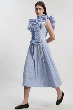Robe Maxi Tissée à Rayures avec Manches à Volants Plissés