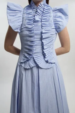 Robe Maxi Tissée à Rayures avec Manches à Volants Plissés