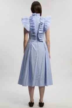 Robe Maxi Tissée à Rayures avec Manches à Volants Plissés