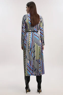 KarenMillen Robe Maxi Tissée Satinée À Col Cache-cœur Et Imprimé Géométrique<Femme Satin Et Dentelle|Robes À Manches Longues