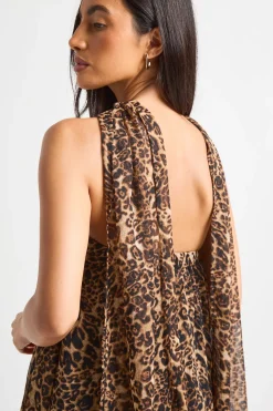 Robe Maxi Trapèze Longue Balayant Le Sol Avec Détail Foulard Léopard