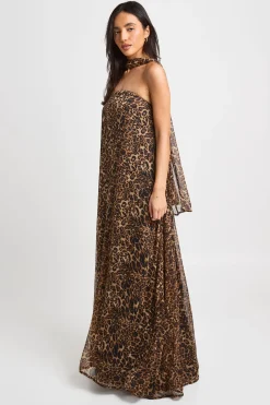 Robe Maxi Trapèze Longue Balayant Le Sol Avec Détail Foulard Léopard