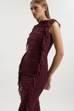 Robe Maxi Tricotée Bandage avec Volants en Maille Froncée