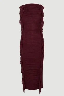 Robe Maxi Tricotée Bandage avec Volants en Maille Froncée