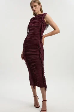 Robe Maxi Tricotée Bandage avec Volants en Maille Froncée