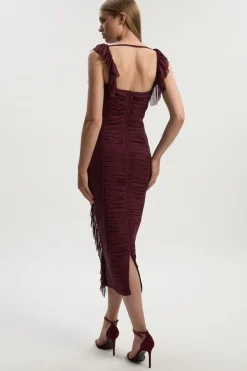 Robe Maxi Tricotée Bandage avec Volants en Maille Froncée