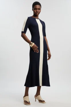 Robe Maxi Tricotée Côtelée À Blocs De Couleur