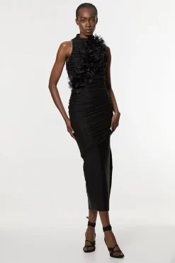 Robe Maxi Tricotée à Effet Bandage et Tissu Froncé