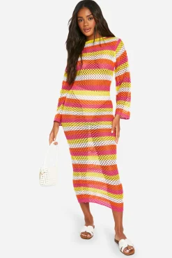 boohoo Robe Maxi Tricotée en Crochet Rayé Scoop Maxi<Femme Pulls Et Gilets|Toutes Les Mailles