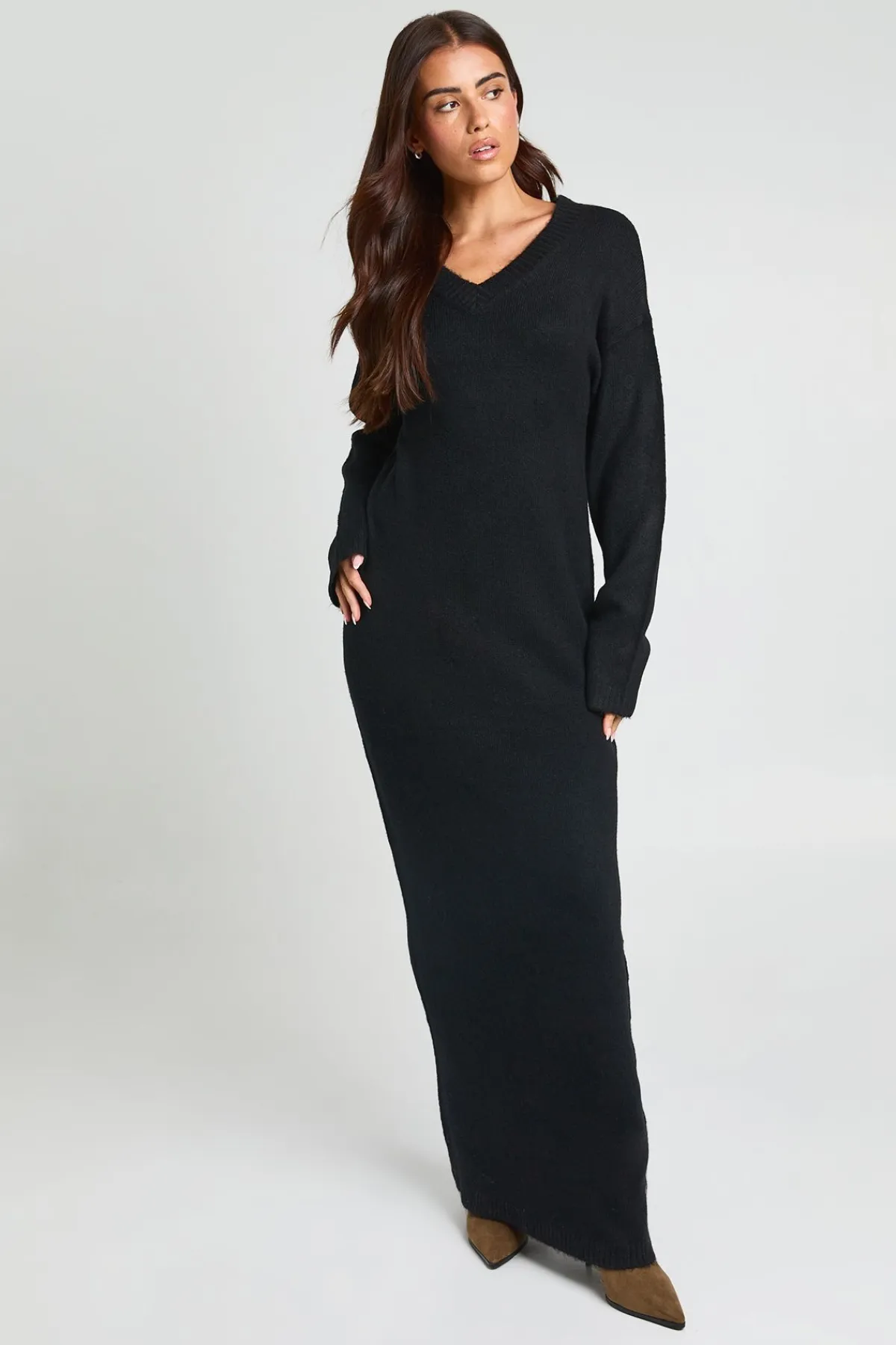 boohoo Robe Maxi Tricotée À Manches Longues Et Col En V<Femme Pulls Et Gilets|Toutes Les Mailles