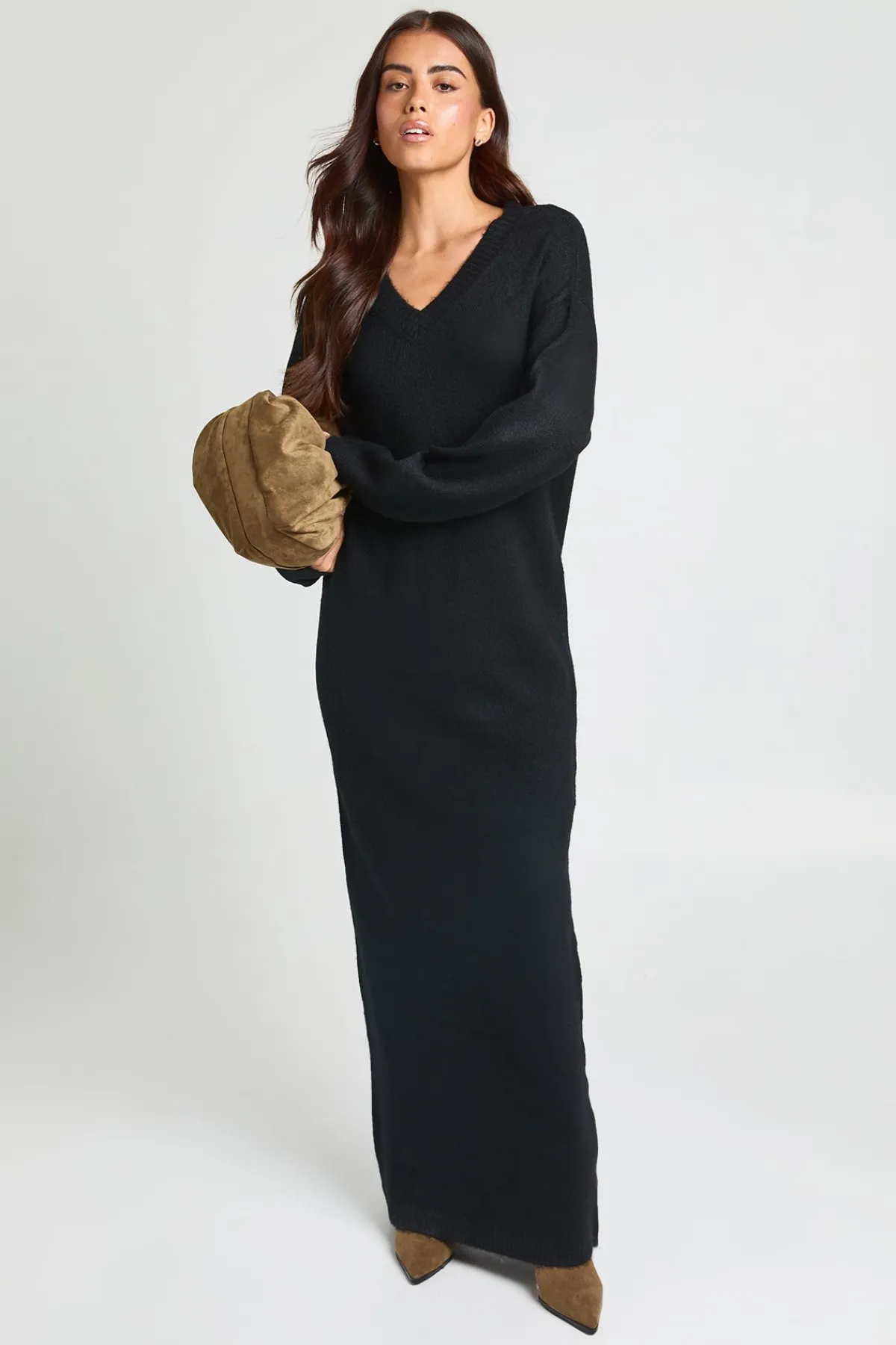boohoo Robe Maxi Tricotée À Manches Longues Et Col En V<Femme Pulls Et Gilets|Toutes Les Mailles