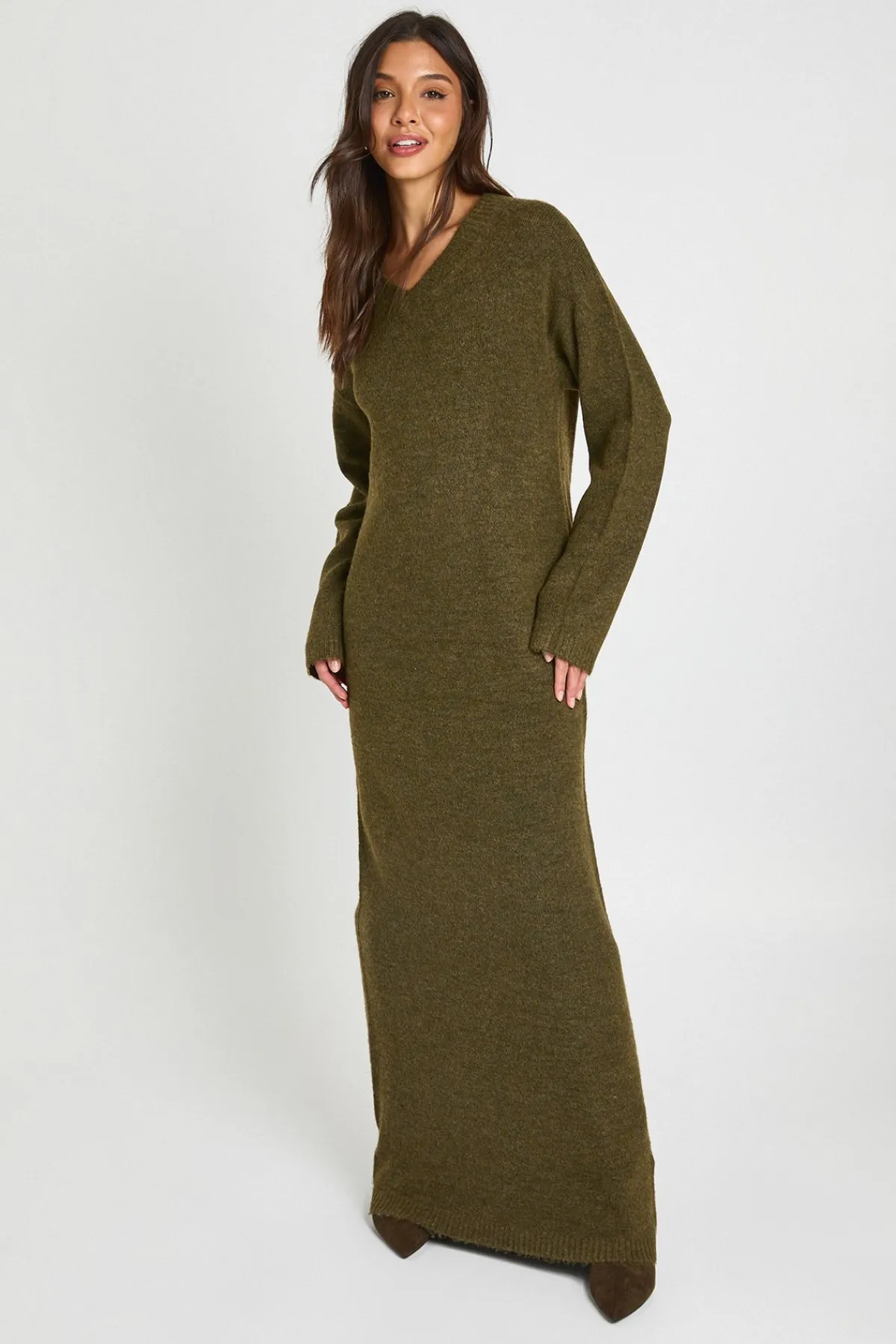 boohoo Robe Maxi Tricotée À Manches Longues Et Col En V<Femme Pulls Et Gilets|Toutes Les Mailles