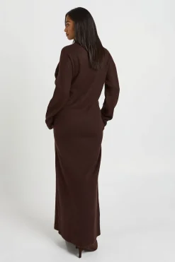 boohoo Robe Maxi Tricotée À Manches Longues Et Col V Petite<Femme Looks Chocolat|Pulls Et Gilets