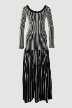Robe Maxi Tricotée Rayée en Mélange de Viscose