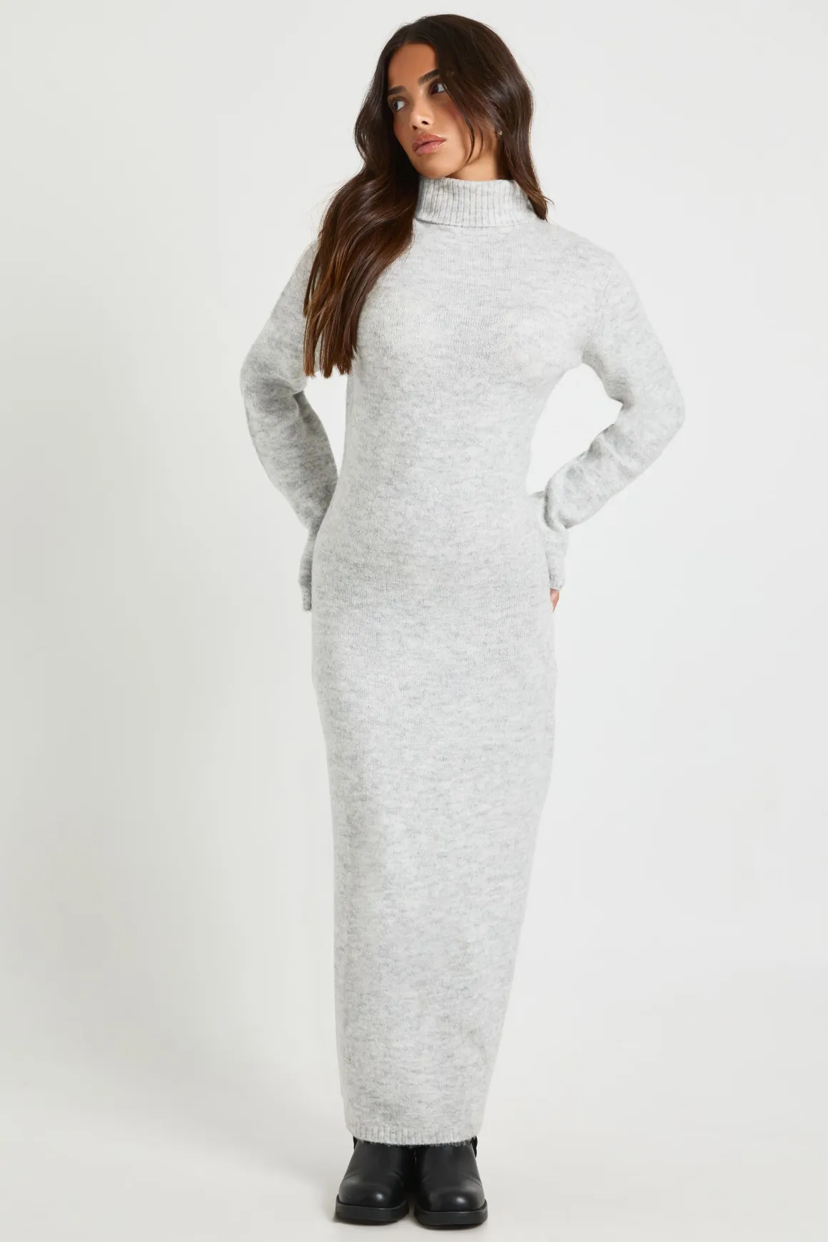 Robe Maxi Tricotée Ultra-douce À Col Roulé Petite Taille