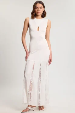 Robe Maxi Tricot Petite Taille en Mélange Viscose Fluide avec Détails en Dentelle Transparente