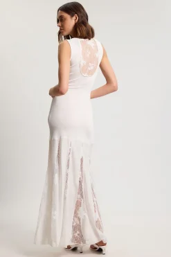 Robe Maxi Tricot Petite Taille en Mélange Viscose Fluide avec Détails en Dentelle Transparente