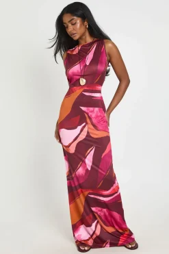 Robe Maxi Ultra Douce À Encolure Slash Et Imprimé Abstrait