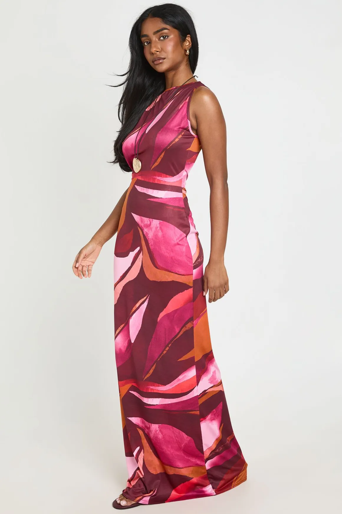 Robe Maxi Ultra Douce À Encolure Slash Et Imprimé Abstrait