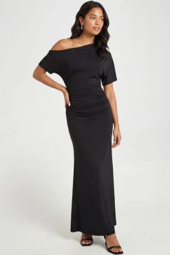 Robe Maxi Ultra Douce À Épaules Tombantes Et Taille Froncée