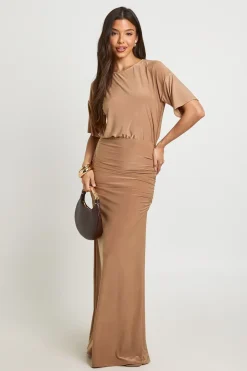 Robe Maxi Ultra Douce À Taille Froncée Et Manches Évasées