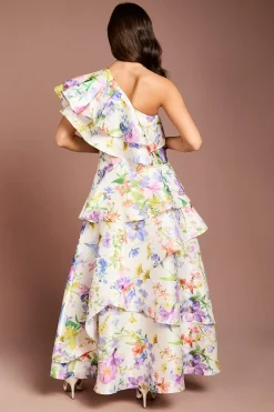 Robe Maxi À Une Épaule Avec Volants Imprimé Brillant