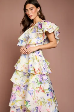 Robe Maxi À Une Épaule Avec Volants Imprimé Brillant