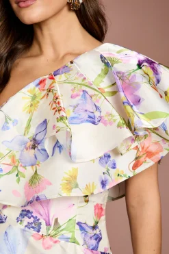 Robe Maxi À Une Épaule Avec Volants Imprimé Brillant