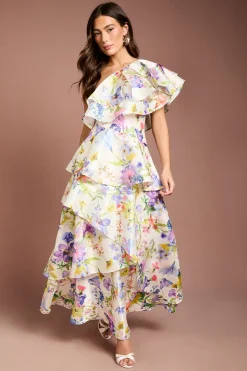 Robe Maxi À Une Épaule Avec Volants Imprimé Brillant