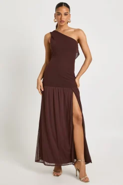 Robe maxi à une épaule, drapé au dos, taille basse